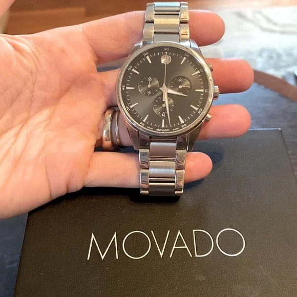 Mens Movado Watch, silver band black face. - Picture 2 of 10